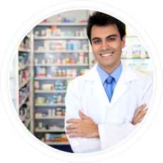 a male pharmacist in front of a medicinal corners