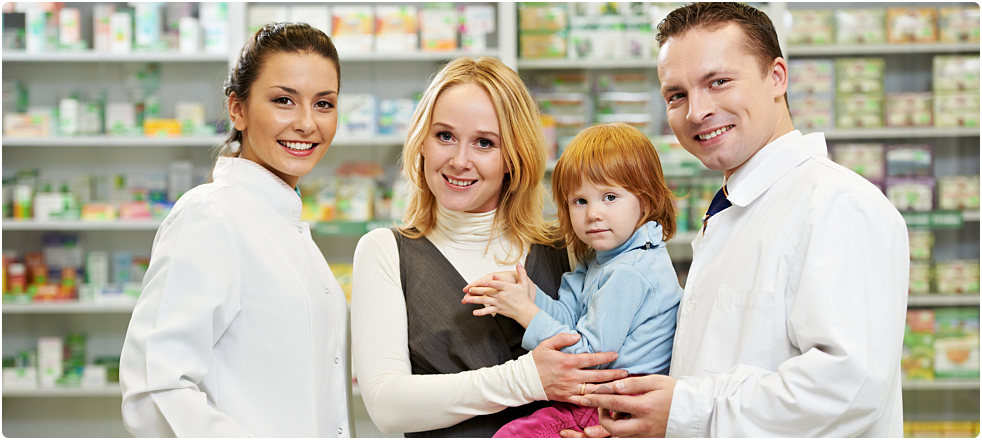 two pharmacist together with a mother and her daughter