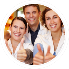 three pharmacist doing two thumbs-up